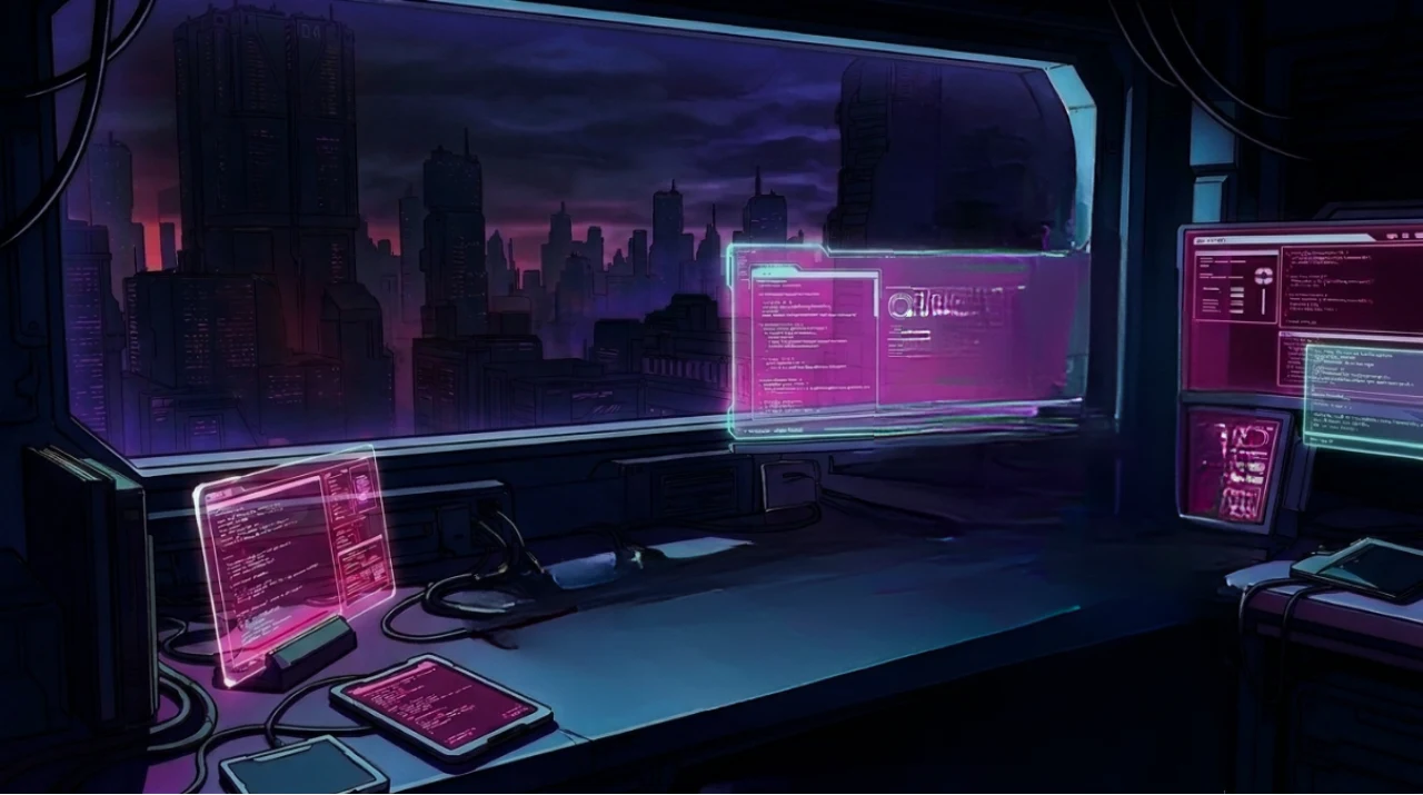 Peserta Cyberskill di depan layar bercahaya neon dengan panel HUD kuning