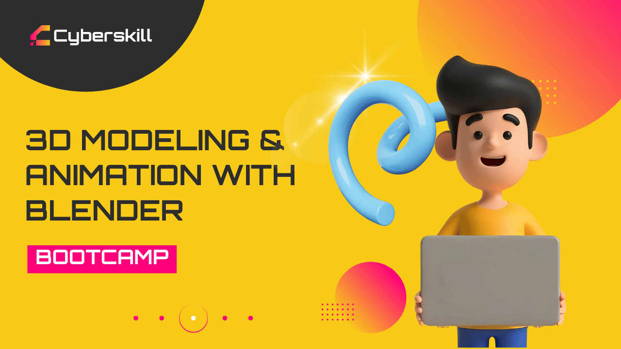 Ilustrasi bootcamp 3D modeling dan animasi Blender Cyberskill, karakter 3D berkaos kuning memegang laptop di samping spiral biru mengilap